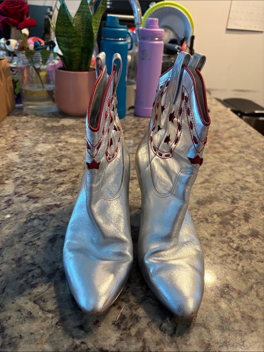 Marc Jacobs Silver Ankle Booties with Red Trim